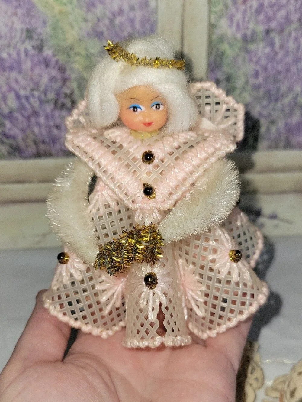 Vintage Handmade Plastic Canvas Angel & Crochet Bonnet Ornaments Bundle Lot 3pc